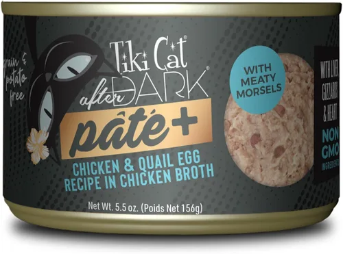 Tiki Cat After Dark Pate+ huevo de pollo y codorniz, latas de 5.5 onzas (paquete de 8)