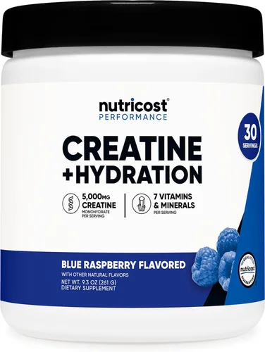 Nutricost Monohidrato de creatina + hidratación con sabor a frambuesa azul (30 porciones) – 7 vitaminas y minerales, 5000 mg de creatina por porción