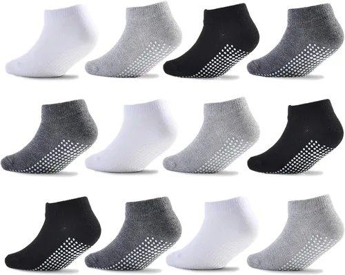 EPEIUS Calcetines de bebé de corte bajo antideslizantes para recién nacidos, niños y niñas, calcetines tobilleros con empuñaduras, 12 pares