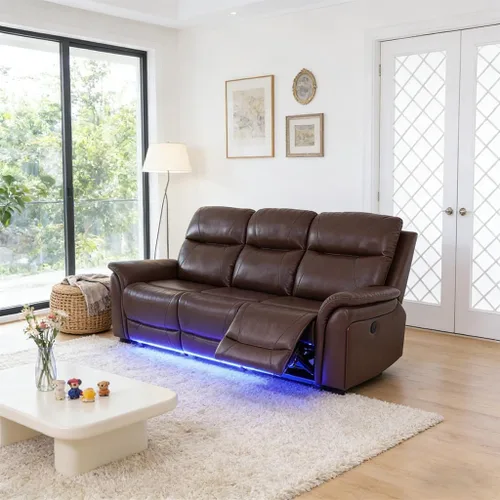 Miniatura 13 de Juego de sofá reclinable de cuero eléctrico con LED, juego de sala de estar de cuero, juego de sofá reclinable con puerto USB/soporte