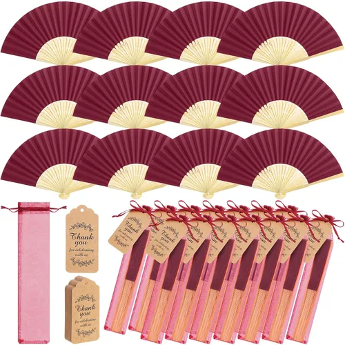 Miniatura 9 de Roowest Paquete de 50 abanicos plegables de papel hechos a mano con bolsas de regalo, tarjeta de agradecimiento, ventilador plegable de mano de Beige