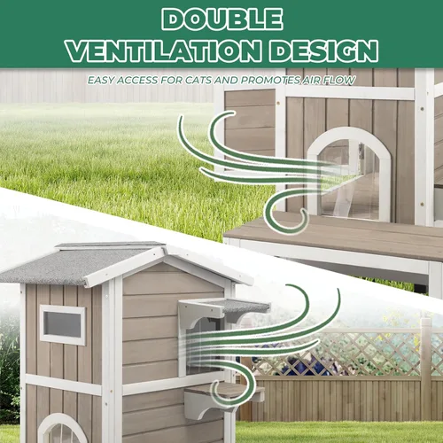 Miniatura 7 de Casa para gatos al aire libre resistente a la intemperie, casa de madera para gatos de dos pisos con techo que se puede abrir, 4 puertas, balcón
