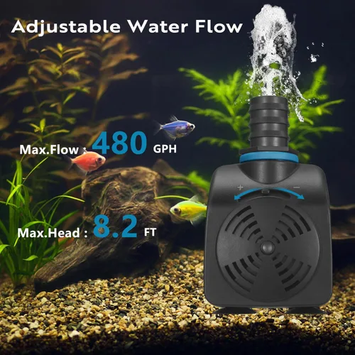 Miniatura 2 de TONGCHANT Bomba sumergible, 480 GPH y elevación de 8.2 pies Bomba de fuente de flujo ajustable de 35 W para tanque de peces y acuario pequeño, 3