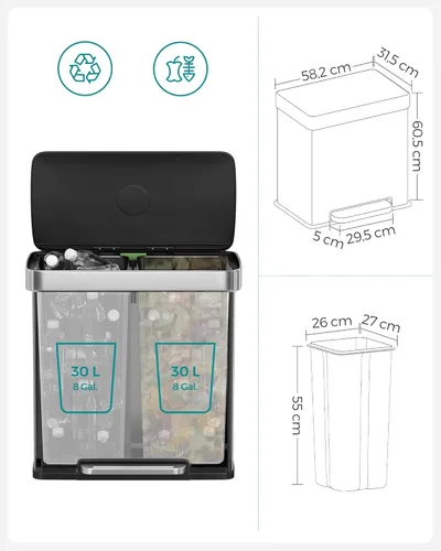 Miniatura 3 de SONGMICS Basurero de cocina de 16 galones (2 x 8 galones) con doble compartimento, cubo de reciclaje de pedal de 60 L, se mantiene abierto y cierre