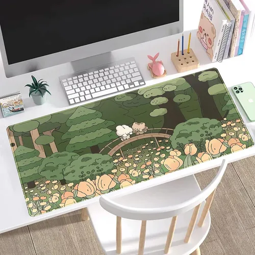 Miniatura 4 de Tapete de escritorio de bosque anime, lindo tapete de mouse verde, tapete de escritorio completo Kawaii estético XXL para juegos Mousemat XL