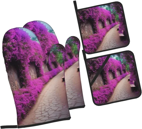 Miniatura 2 de Juego de guantes de horno y soportes para ollas con estampado floral morado, guantes de horno resistentes al calor y almohadillas calientes