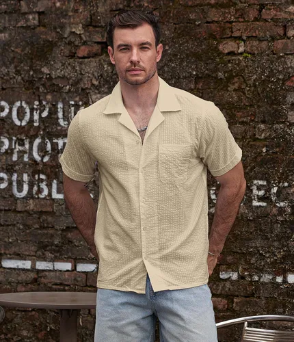 Miniatura 2 de VATPAVE Camisa de verano a rayas para hombre, casual, con botones, de manga corta, camisas de playa de algodón para hombres