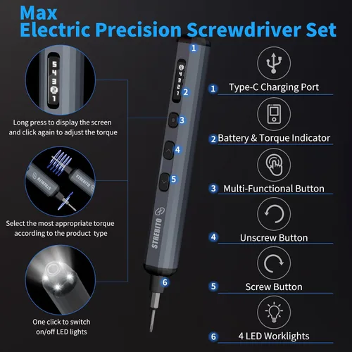 Miniatura 3 de STREBITO Juego Mini de Destornilladores Eléctricos, Kit de Destornillador Eléctrico de Máxima Precisión 70-en-1 con Luces, 5 Niveles de Par
