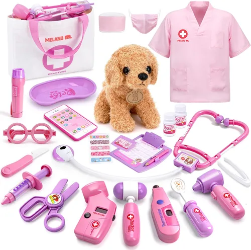 Miniatura 10 de Meland Kit de médico de juguete para niñas, juego de doctor con funda de transporte, juguete de estetoscopio y disfraz de disfraz, juego de doctor