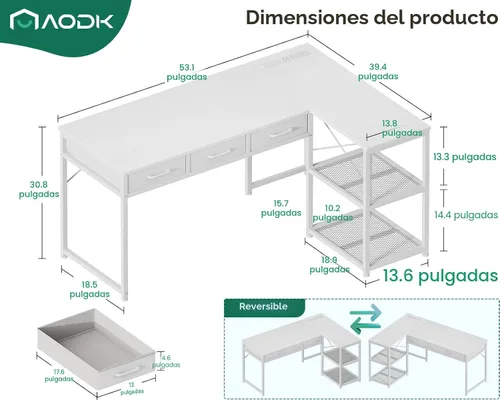 Miniatura 2 de AODK - Escritorio de computadora en forma de L de 53 pulgadas con cajones, con tomas de corriente y estantes de almacenamiento, soporte móvil