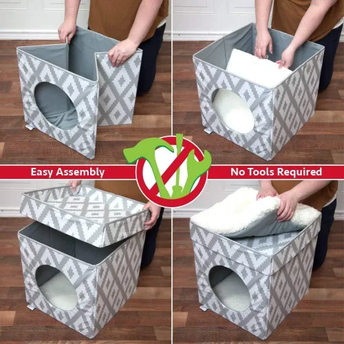 Miniatura 6 de Kitty City - Cama grande para gatos, cubo, condos, desplegable, apilable C) Cubo para gatos (blanco y gris)