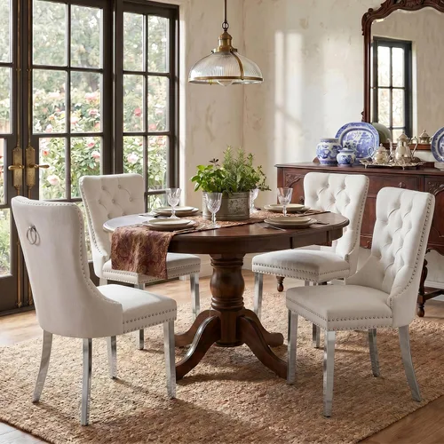 Miniatura 21 de SoarFlash Juego de 2 sillas de comedor de tela de lino, sillas de comedor tapizadas con ribete de cabeza de clavo y patas de madera de color claro