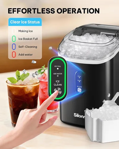 Miniatura 9 de Máquina de hielo Nugget para encimera, Silonn máquina de hielo de pellets masticables con función de autolimpieza, 33 libras/24H máquinas de hielo