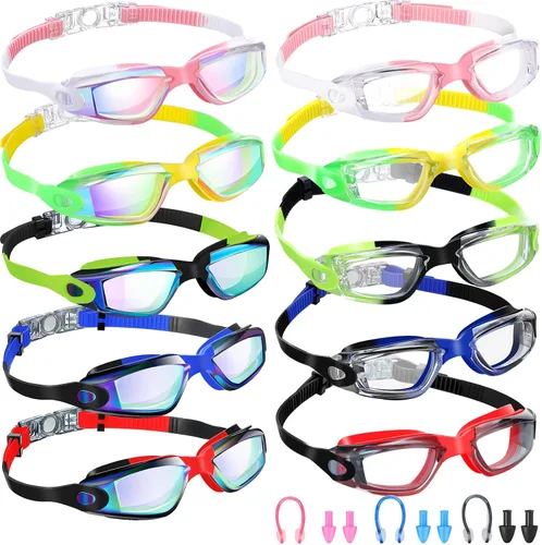 Miniatura 9 de Konohan Paquete de 10 gafas de natación a granel para niños y adultos, gafas de piscina antivaho de silicona sin fugas, gafas de natación