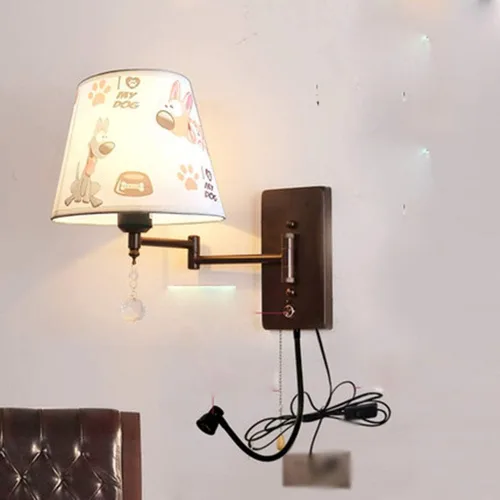 Miniatura 3 de Lámpara de pared con cadena de tracción e interruptor de botón enchufable, brazo oscilante, aplique de pared E26/E27 para dormitorio, mesita