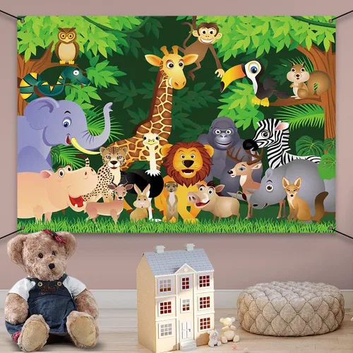 Miniatura 5 de AWERT Cartel de poliéster de 6 x 3.6 pies de dibujos animados de animales de la selva con temática de safari de la selva cartel de cumpleaños