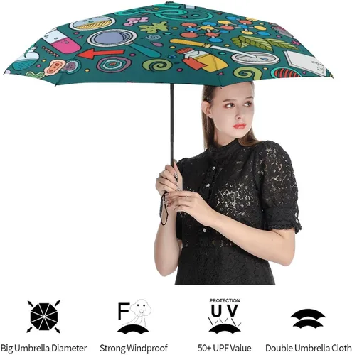 Miniatura 4 de Física Bioquímica Ciencia A prueba de viento Paraguas automático impermeable 3 plegable manual Rainbrella para lluvia sol