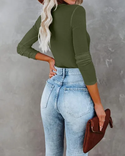 Miniatura 5 de VICHYIE Ropa de otoño para mujer, cuello redondo, acanalada, manga larga, ajustada, camiseta básica casual