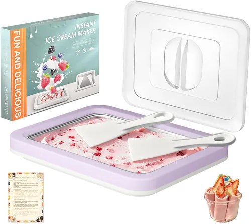 Miniatura 10 de Kit para hacer helados enrollados con tapa, 2 espátulas y guía de recetas - Bandeja de congelación instantánea para helado casero, actividades Rosa