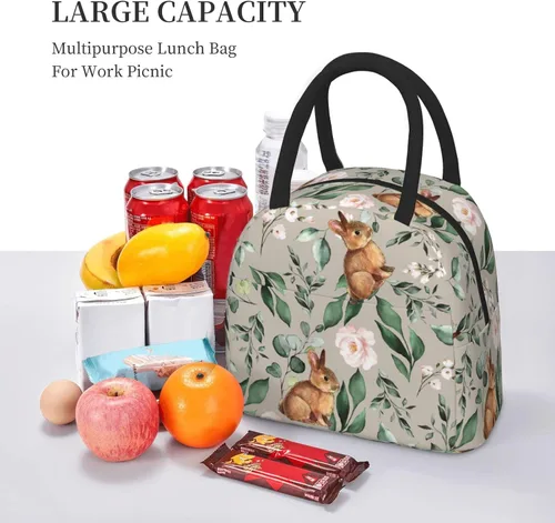 Miniatura 6 de Cute Bunnies - Bolsa de almuerzo grande con diseño de flores rosadas, caja de capacidad para preparar comidas de conejo, bolsa aislada reutilizable