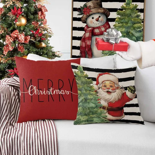 Miniatura 3 de Juego de 4 fundas de almohada rojas navideñas de 18 x 18 pulgadas, fundas de almohada cuadradas de lino rústico de Navidad, fundas de almohada
