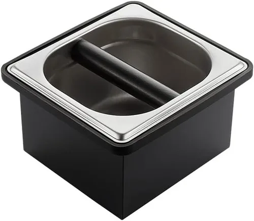 Caja de acero inoxidable para café molido con base antideslizante extraíble, absorbente de golpes para molienda de filtro de portafiltros (S)