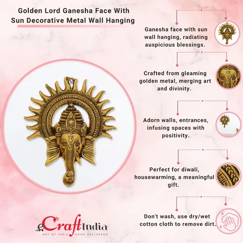Miniatura 5 de eCraftIndia Golden Lord Ganesha con sol decorativo de metal para colgar en la pared, decoración del hogar, templo de Pooja Room y regalo