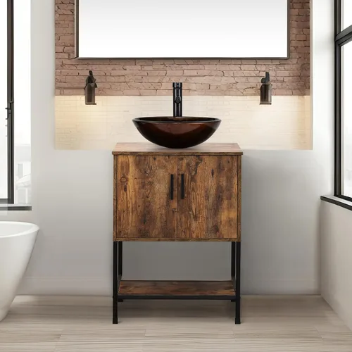 Miniatura 43 de UEV Tocador de Baño de Roble Rústico de 24" con Lavabo, Conjunto de Gabinete de Baño con Marco de Hierro Industrial con Puertas y Estante, con Combo
