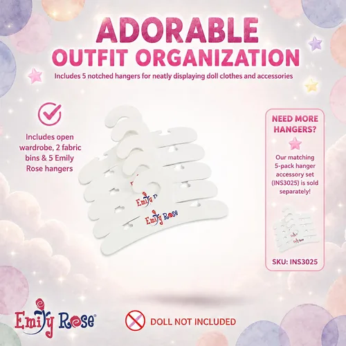 Miniatura 7 de Emily Rose Organizador de armario de muñecas de 18 pulgadas, armario de almacenamiento abierto con perchas y contenedores de ropa, muebles de madera