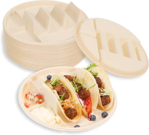 Miniatura 10 de LUVCOSY Paquete de 50 Soportes Desechables para Tacos con Compartimentos para Salsas, Platos Biodegradables de Almidón de Maíz para Tacos