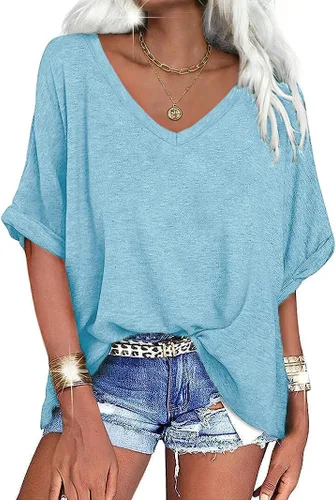 Miniatura 21 de UNCLECAT Camisetas de gran tamaño con cuello en V para mujer, camisas de manga corta de verano, holgadas, casuales