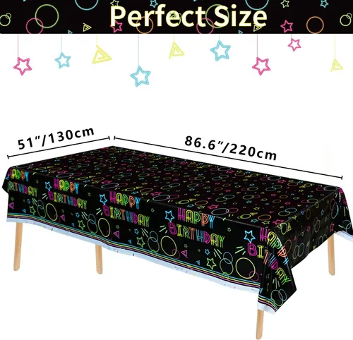Miniatura 2 de Paquete de 3 suministros para manteles de fiesta que brillan en la oscuridad, mantel desechable de plástico neón, mantel rectangular con estampado