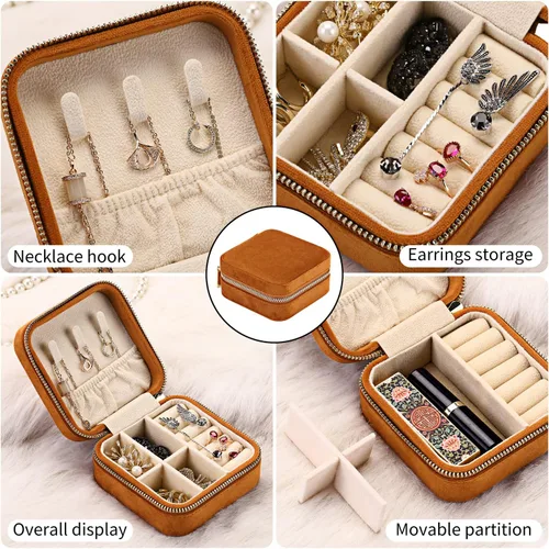 Miniatura 5 de Joyero de viaje de terciopelo de felpa, pequeña caja de joyería de viaje, caja de joyería portátil, mini organizador de almacenamiento, caja