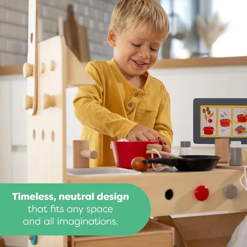 Miniatura 7 de HABA Cocina de madera 3 en 1 para niños, juego de tienda de comestibles para niños y banco de herramientas para niños, juguetes de madera