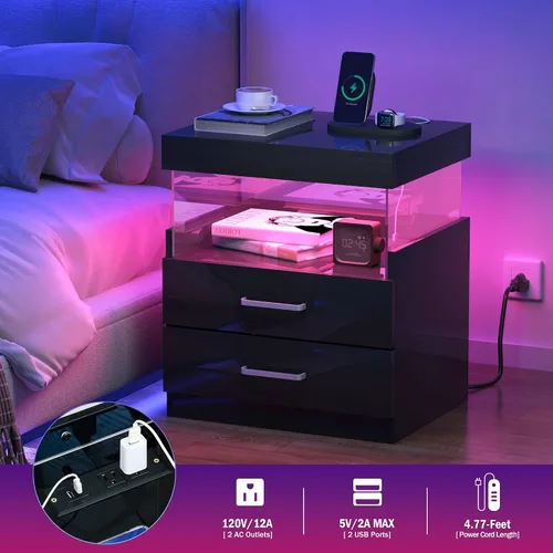 Miniatura 5 de WelFurGeer Mesita de noche de alto brillo, mesita de noche LED negra con estación de carga, mesita de noche con cajones, mesitas de noche modernas