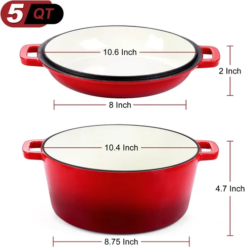 Miniatura 2 de P&P CHEF Olla de horno holandés de 5 cuartos de galón para hornear pan (Rojo), juego de olla y sartén de hierro fundido redondo con tapa 2 en 1