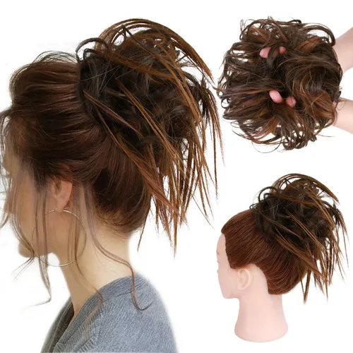 Miniatura 32 de HMD - Extensiones de cabello tipo chongo alborotado con rodelo despeinado, banda elástica de goma, extensiones de cabello sintético para mujer