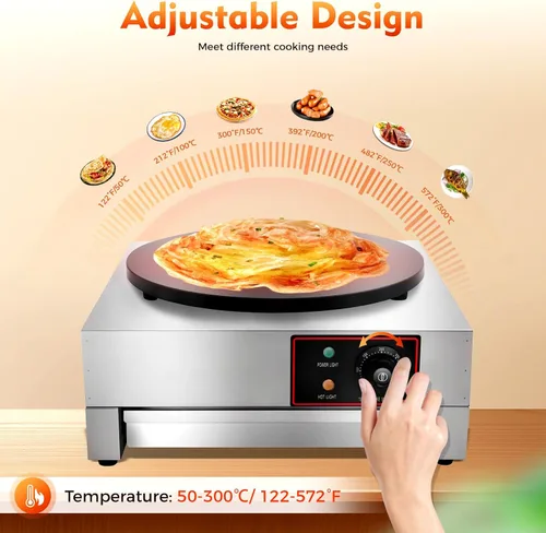 Miniatura 6 de Máquina eléctrica de crepé, máquina antiadherente de 16 pulgadas y 1700 W, plancha de crepes de placa plana comercial con luces indicadoras LED