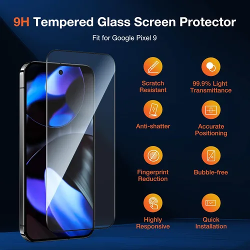 Miniatura 2 de KUZOOM Paquete de 2 protectores de pantalla de vidrio templado transparente HD para Google Pixel 9, película protectora de pantalla inastillable