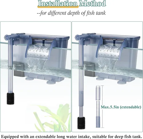 Miniatura 7 de Filtro de acuario para colgar de 5 W: filtro ultra silencioso para tanque de peces de 124 GPH con esponja de filtro y carbón activado, filtro