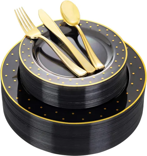 DaYammi 200 platos de plástico dorado y negro con cubiertos, platos desechables negros para fiestas, suministros de oro negro, incluye 40 platos