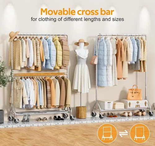 Miniatura 5 de AOODA Perchero de ropa resistente de 50 pulgadas de ancho para colgar ropa, perchero industrial de doble barra con ruedas, perchero resistente