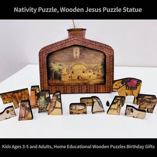 Miniatura 4 de Rompecabezas de madera de Jesús, rompecabezas de pesebre con diseño de madera quemada, decoración de escultura de rompecabezas de Jesús