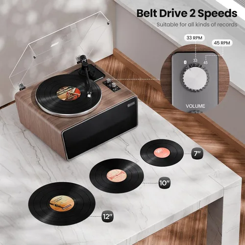Miniatura 7 de Tocadiscos de vinilo todo en uno, tocadiscos Bluetooth integrado con 4 altavoces estéreo, preamplificador de teléfono, tocadiscos de alta fidelidad