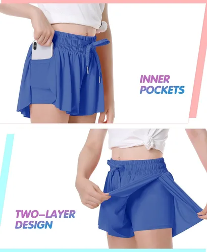Miniatura 2 de QooNoo Girls Butterfly Shorts with Pocket Flowy Athletic Shorts High Waist Preppy Running Shorts for Kids Teen