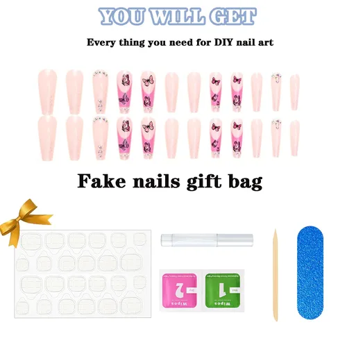 Miniatura 5 de 24 uñas acrílicas a presión, uñas postizas largas con diseños de mariposa rosa, diamantes de imitación, polvo de purpurina, punta francesa