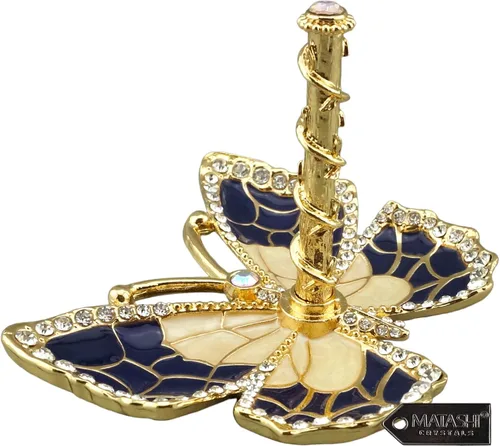 Matashi Organizador de joyas de mariposa chapado en oro con esmalte azul y cristales, elegante soporte para anillos, regalo ideal para ella en el