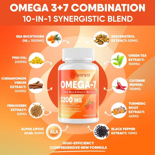 Miniatura 3 de Aceite de espino cerval de mar omega-7 con aceite de pescado omega-3 EPA/DHA, cinamomo, fenogreco, ALA, té verde, pimienta de cayena, cúrcuma