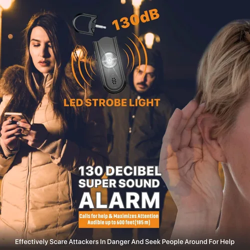 Miniatura 2 de Alarma personal de sonido seguro, paquete de 2 con sirena de 130 dB, alarma de seguridad de emergencia con luz LED estroboscópica, llavero de sirena
