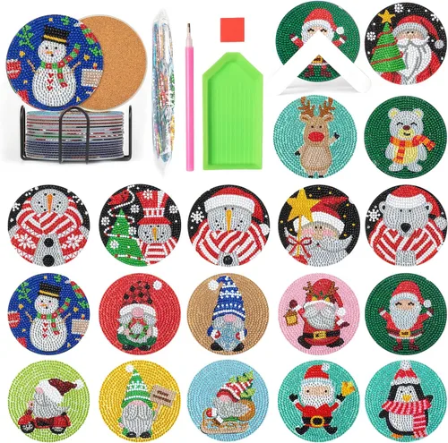 Miniatura 21 de Kit de 8 posavasos de pintura de diamante con soporte, posavasos de gnomo 5D de diamante, manualidades de arte de diamante, posavasos de diamante 8
